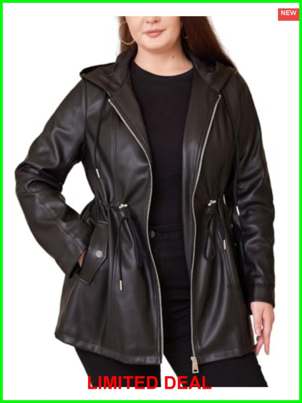 Faux Leather Jacket Plus Size Hooded Moto Biker Coat Belted Women's
